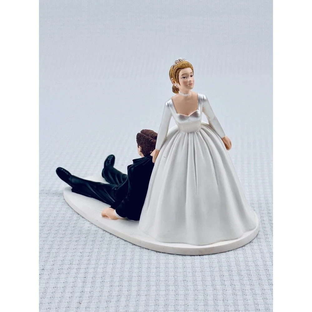 Funny Bride Dragging Groom Wedding Cake Topper Novelty Resin Figurine